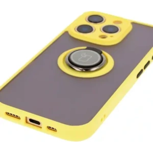 Etui z uchwytem na palec Bizon Case Hybrid Ring do Apple iPhone 16 Pro przydymione z żółtą ramką