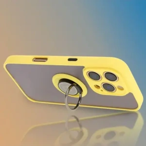 Etui z uchwytem na palec Bizon Case Hybrid Ring do Apple iPhone 16 Pro przydymione z żółtą ramką