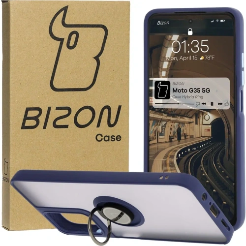 Etui z uchwytem na palec Bizon Case Hybrid Ring do Motorola Moto G35 5G przydymione z granatową ramką