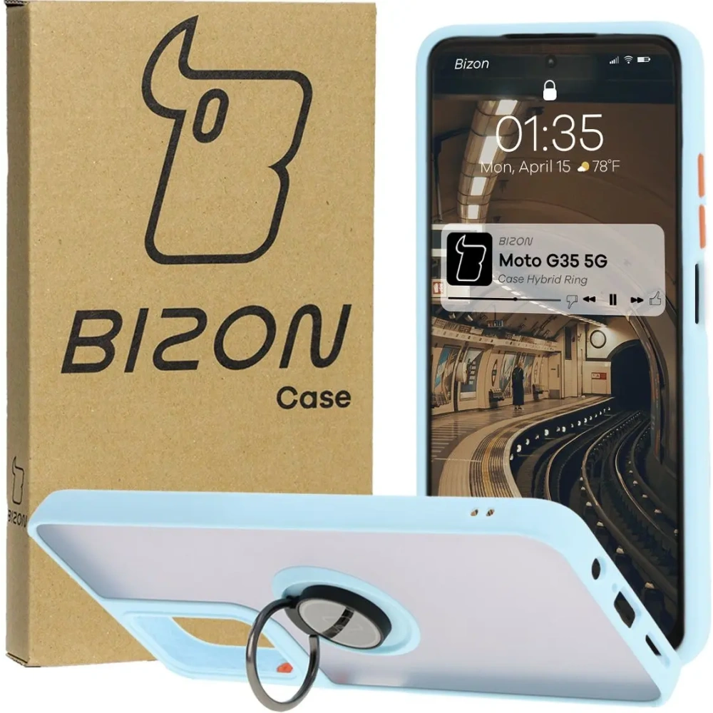 Hurtownia GSM - Etui z uchwytem na palec Bizon Case Hybrid Ring do Motorola Moto G35 5G kouřové s jasně modrým rámem - BIZ7097 - {ean13} - Hurt