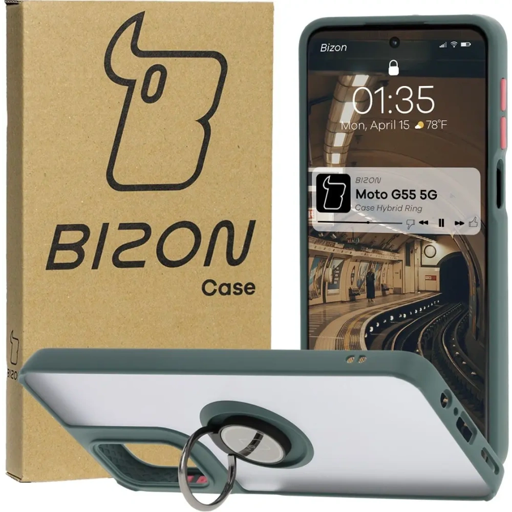Hurtownia GSM - Etui z uchwytem na palec Bizon Case Hybrid Ring do Motorola Moto G55 5G kouřové s tmavě zeleným rámečkem - BIZ7099 - {ean13} - Hurt
