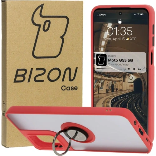 Etui z uchwytem na palec Bizon Case Hybrid Ring do Motorola Moto G55 5G przydymione z czerwoną ramką