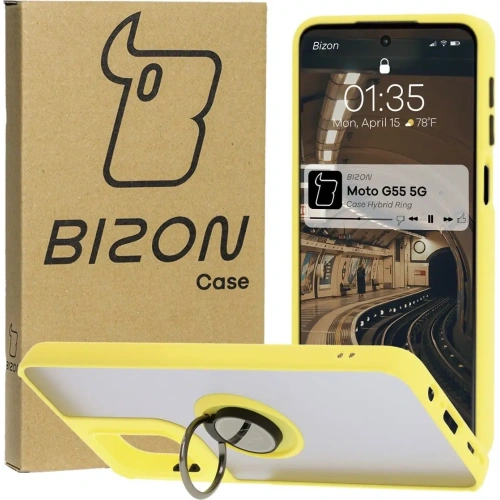 Etui z uchwytem na palec Bizon Case Hybrid Ring do Motorola Moto G55 5G przydymione z żółtą ramką