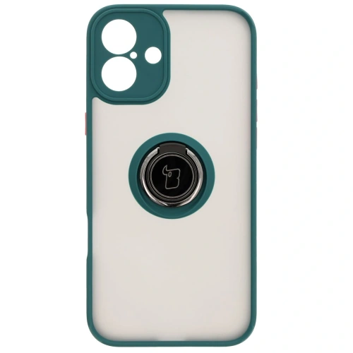 Etui z uchwytem na palec Bizon Case Hybrid Ring do Apple iPhone 16 Plus przydymione z ciemnozieloną ramką