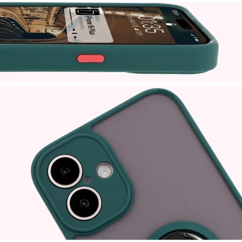 Etui z uchwytem na palec Bizon Case Hybrid Ring do Apple iPhone 16 Plus przydymione z ciemnozieloną ramką