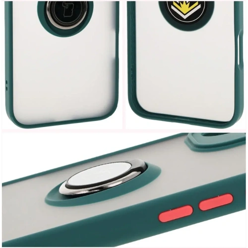 Etui z uchwytem na palec Bizon Case Hybrid Ring do Apple iPhone 16 Plus przydymione z ciemnozieloną ramką