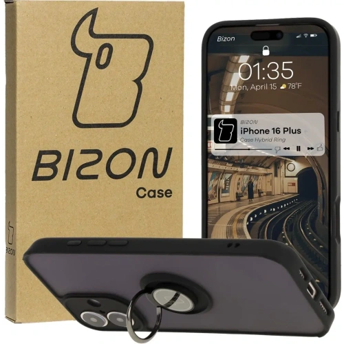 Etui z uchwytem na palec Bizon Case Hybrid Ring do Apple iPhone 16 Plus przydymione z czarną ramką