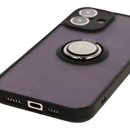 Etui z uchwytem na palec Bizon Case Hybrid Ring do Apple iPhone 16 Plus przydymione z czarną ramką