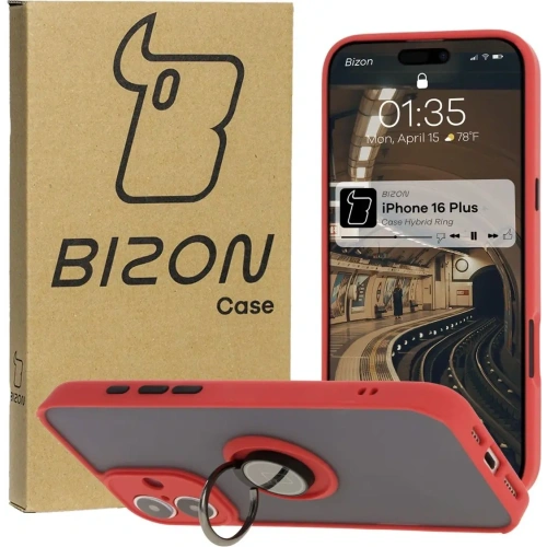 Etui z uchwytem na palec Bizon Case Hybrid Ring do Apple iPhone 16 Plus przydymione z czerwoną ramką