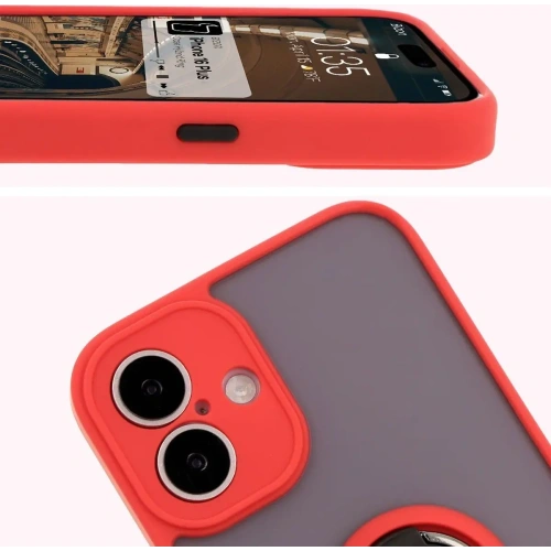 Etui z uchwytem na palec Bizon Case Hybrid Ring do Apple iPhone 16 Plus przydymione z czerwoną ramką