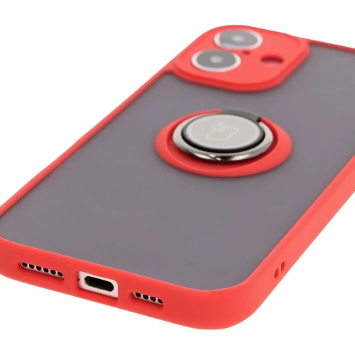 Etui z uchwytem na palec Bizon Case Hybrid Ring do Apple iPhone 16 Plus przydymione z czerwoną ramką