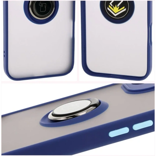 Etui z uchwytem na palec Bizon Case Hybrid Ring do Apple iPhone 16 Plus przydymione z granatową ramką