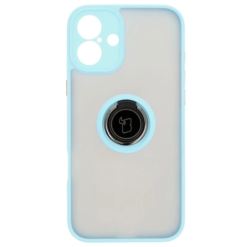 Etui z uchwytem na palec Bizon Case Hybrid Ring do Apple iPhone 16 Plus przydymione z jasnoniebieską ramką