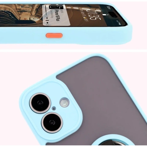 Etui z uchwytem na palec Bizon Case Hybrid Ring do Apple iPhone 16 Plus przydymione z jasnoniebieską ramką