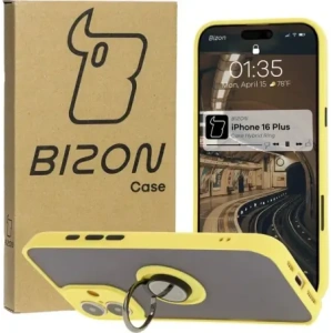 Hurtownia GSM - Etui z uchwytem na palec Bizon Case Hybrid Ring do Apple iPhone 16 Plus zakouřené se žlutým rámečkem - BIZ7110 - {ean13} - Hurt