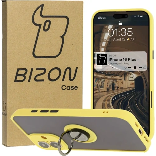 Etui z uchwytem na palec Bizon Case Hybrid Ring do Apple iPhone 16 Plus przydymione z żółtą ramką