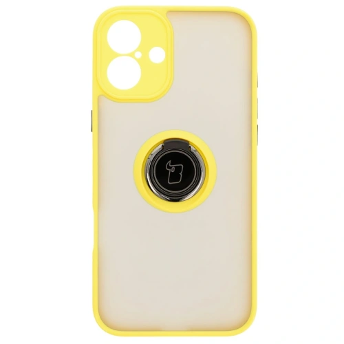 Etui z uchwytem na palec Bizon Case Hybrid Ring do Apple iPhone 16 Plus przydymione z żółtą ramką