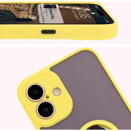 Etui z uchwytem na palec Bizon Case Hybrid Ring do Apple iPhone 16 Plus przydymione z żółtą ramką