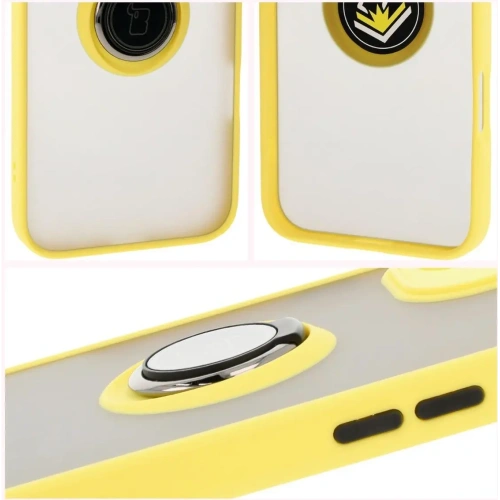 Etui z uchwytem na palec Bizon Case Hybrid Ring do Apple iPhone 16 Plus przydymione z żółtą ramką