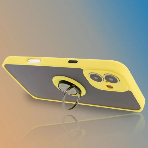 Etui z uchwytem na palec Bizon Case Hybrid Ring do Apple iPhone 16 Plus przydymione z żółtą ramką