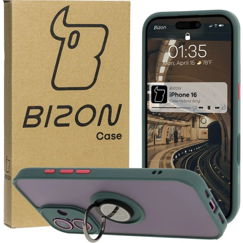 Hurtownia GSM - Etui z uchwytem na palec Bizon Case Hybrid Ring do Apple iPhone 16 przydymione z ciemnozieloną ramką - BIZ7111 - {ean13} - Hurt