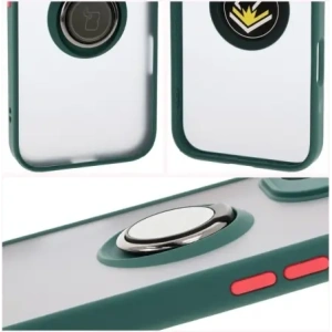 Etui z uchwytem na palec Bizon Case Hybrid Ring do Apple iPhone 16 przydymione z ciemnozieloną ramką