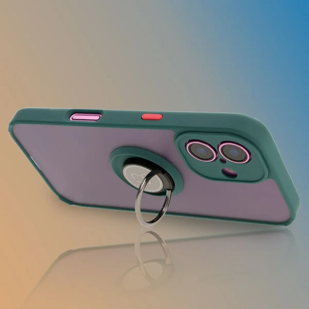 Bizon Case Hybrid Ring Apple iPhone 16 füstös színű, sötétzöld kerettel