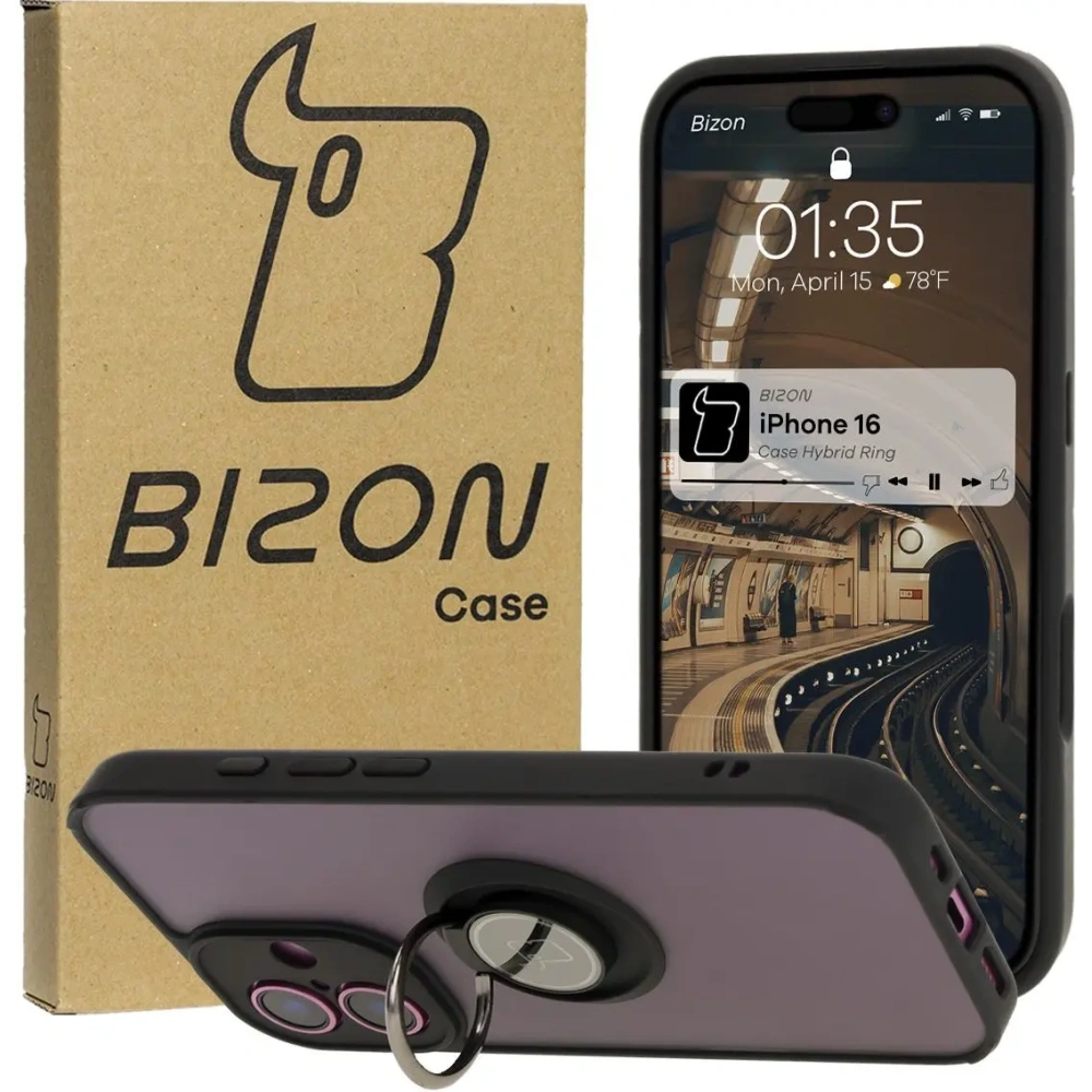 Hurtownia GSM - Bizon Case Hybrid Ring Apple iPhone 16 fumuriu cu un cadru negru - BIZ7112 - {ean13} - Hurt