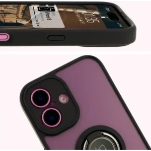 Etui z uchwytem na palec Bizon Case Hybrid Ring do Apple iPhone 16 przydymione z czarną ramką
