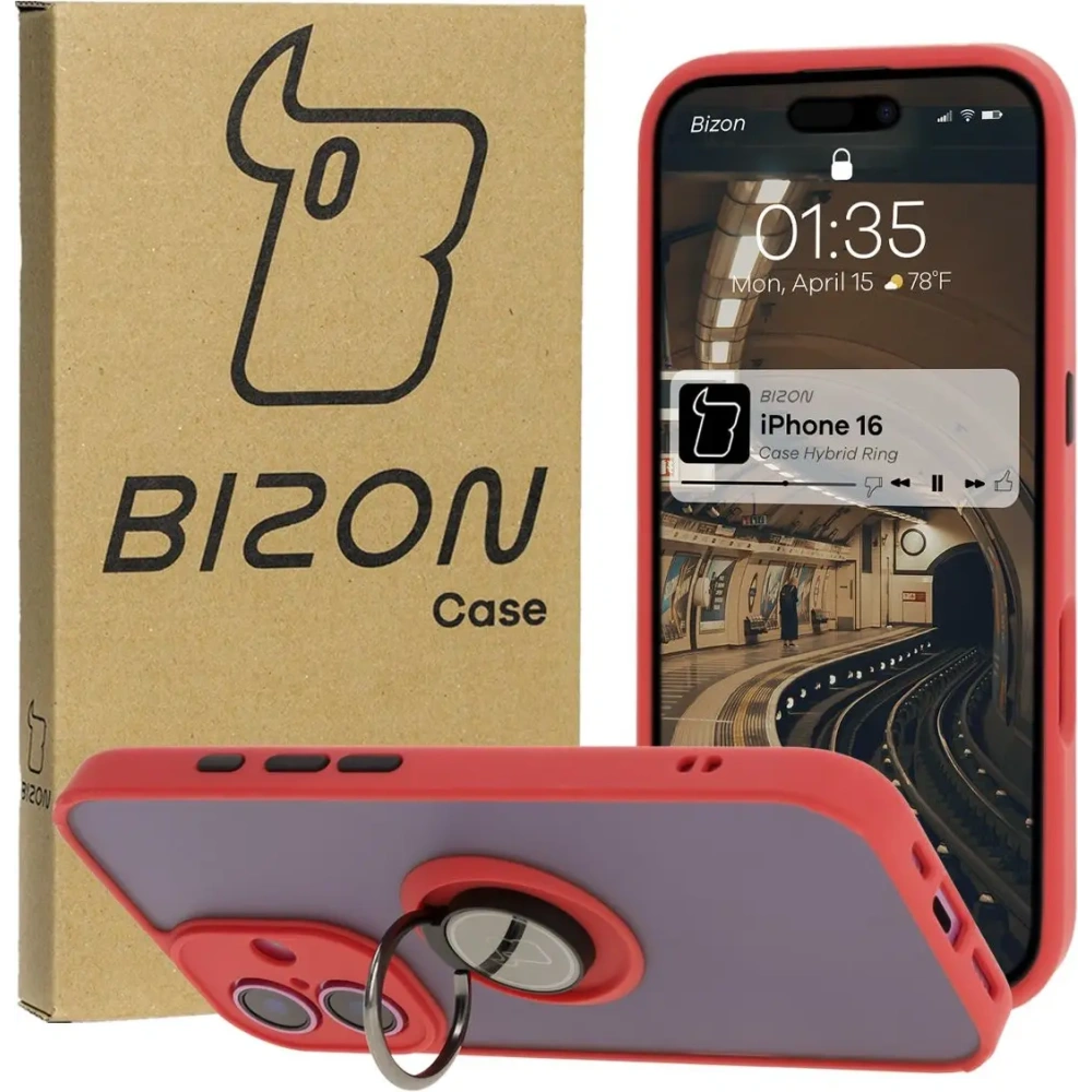 Hurtownia GSM - Bizon Case Hybrid Ring Apple iPhone 16 fumuriu cu un cadru roșu - BIZ7113 - {ean13} - Hurt