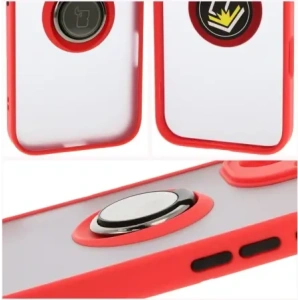 Etui z uchwytem na palec Bizon Case Hybrid Ring do Apple iPhone 16 przydymione z czerwoną ramką