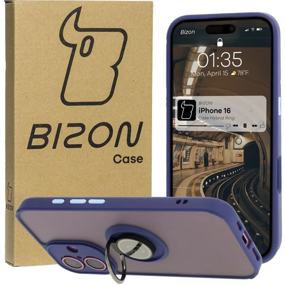 Hurtownia GSM - Bizon Case Hybrid Ring Apple iPhone 16 fumuriu cu un cadru bleu marin - BIZ7114 - {ean13} - Hurt