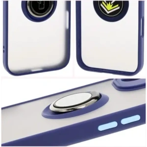 Etui z uchwytem na palec Bizon Case Hybrid Ring do Apple iPhone 16 przydymione z granatową ramką