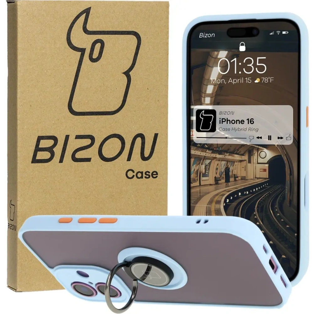 Hurtownia GSM - Bizon Case Hybrid Ring Apple iPhone 16 füstös színben, világoskék kerettel - BIZ7115 - {ean13} - Hurt
