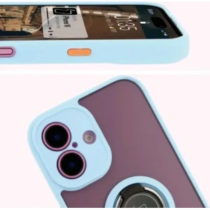 Etui z uchwytem na palec Bizon Case Hybrid Ring do Apple iPhone 16 przydymione z jasnoniebieską ramką