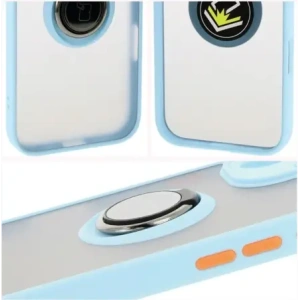Etui z uchwytem na palec Bizon Case Hybrid Ring do Apple iPhone 16 przydymione z jasnoniebieską ramką