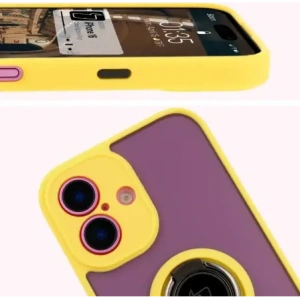 Etui z uchwytem na palec Bizon Case Hybrid Ring do Apple iPhone 16 przydymione z żółtą ramką