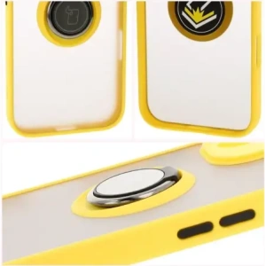 Etui z uchwytem na palec Bizon Case Hybrid Ring do Apple iPhone 16 przydymione z żółtą ramką