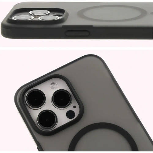 Etui z pierścieniem magnetycznym Bizon Case MatteO do Apple iPhone 15 półprzezroczyste z czarną ramką