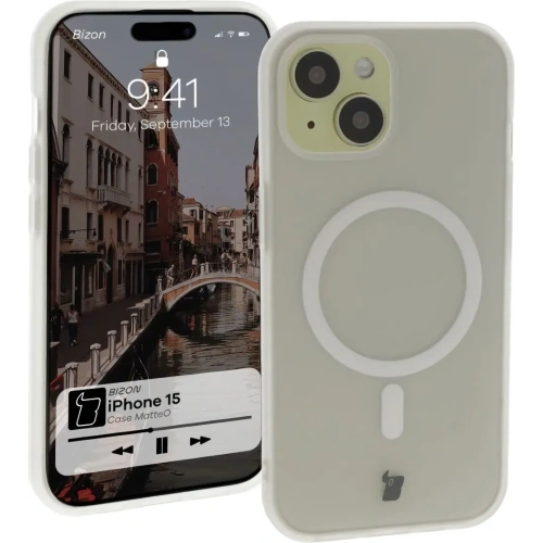 Etui z pierścieniem magnetycznym Bizon Case MatteO do Apple iPhone 15 półprzezroczyste