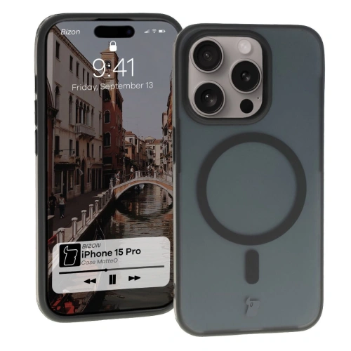 Etui z pierścieniem magnetycznym Bizon Case MatteO do Apple iPhone 15 Pro półprzezroczyste z czarną ramką