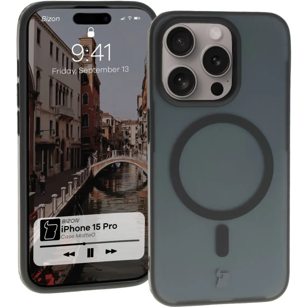 Hurtownia GSM - Etui z pierścieniem magnetycznym Bizon Case MatteO do Apple iPhone 15 Pro półprzezroczyste z czarną ramką - BIZ7132 - {ean13} - Hurt