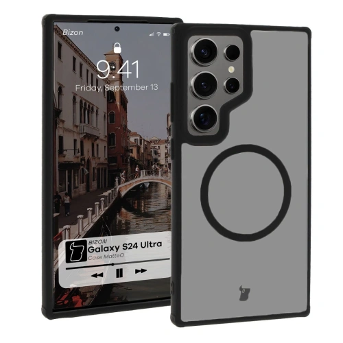 Etui z pierścieniem magnetycznym Bizon Case MatteO do Samsung Galaxy S24 Ultra półprzezroczyste z czarną ramką
