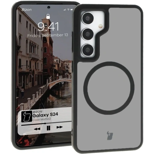 Etui z pierścieniem magnetycznym Bizon Case MatteO do Samsung Galaxy S24 półprzezroczyste z czarną ramką