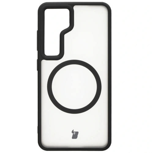 Etui z pierścieniem magnetycznym Bizon Case MatteO do Samsung Galaxy S24 półprzezroczyste z czarną ramką