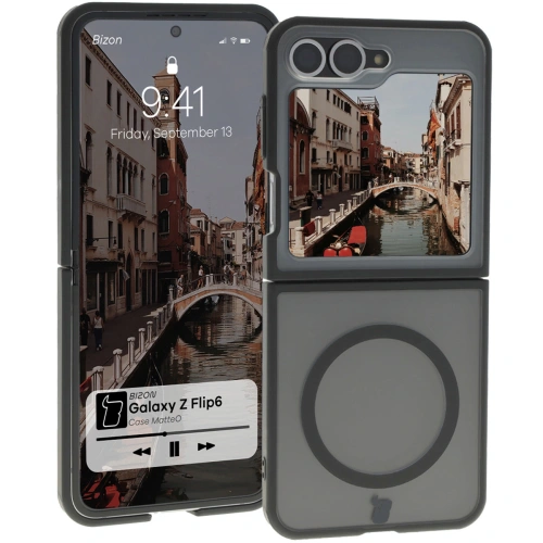 Etui z pierścieniem magnetycznym Bizon Case MatteO do Samsung Galaxy Z Flip6 / 7 FE półprzezroczyste z czarną ramką