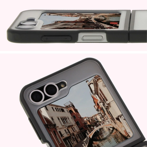 Etui z pierścieniem magnetycznym Bizon Case MatteO do Samsung Galaxy Z Flip6 / 7 FE półprzezroczyste z czarną ramką