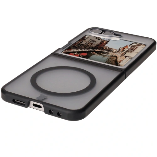 Etui z pierścieniem magnetycznym Bizon Case MatteO do Samsung Galaxy Z Flip6 / 7 FE półprzezroczyste z czarną ramką