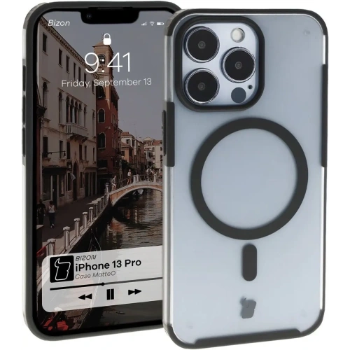 Etui z pierścieniem magnetycznym Bizon Case MatteO do Apple iPhone 13 Pro półprzezroczyste z czarną ramką