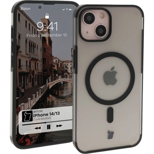 Etui z pierścieniem magnetycznym Bizon Case MatteO do Apple iPhone 14 / Phone 13 półprzezroczyste z czarną ramką